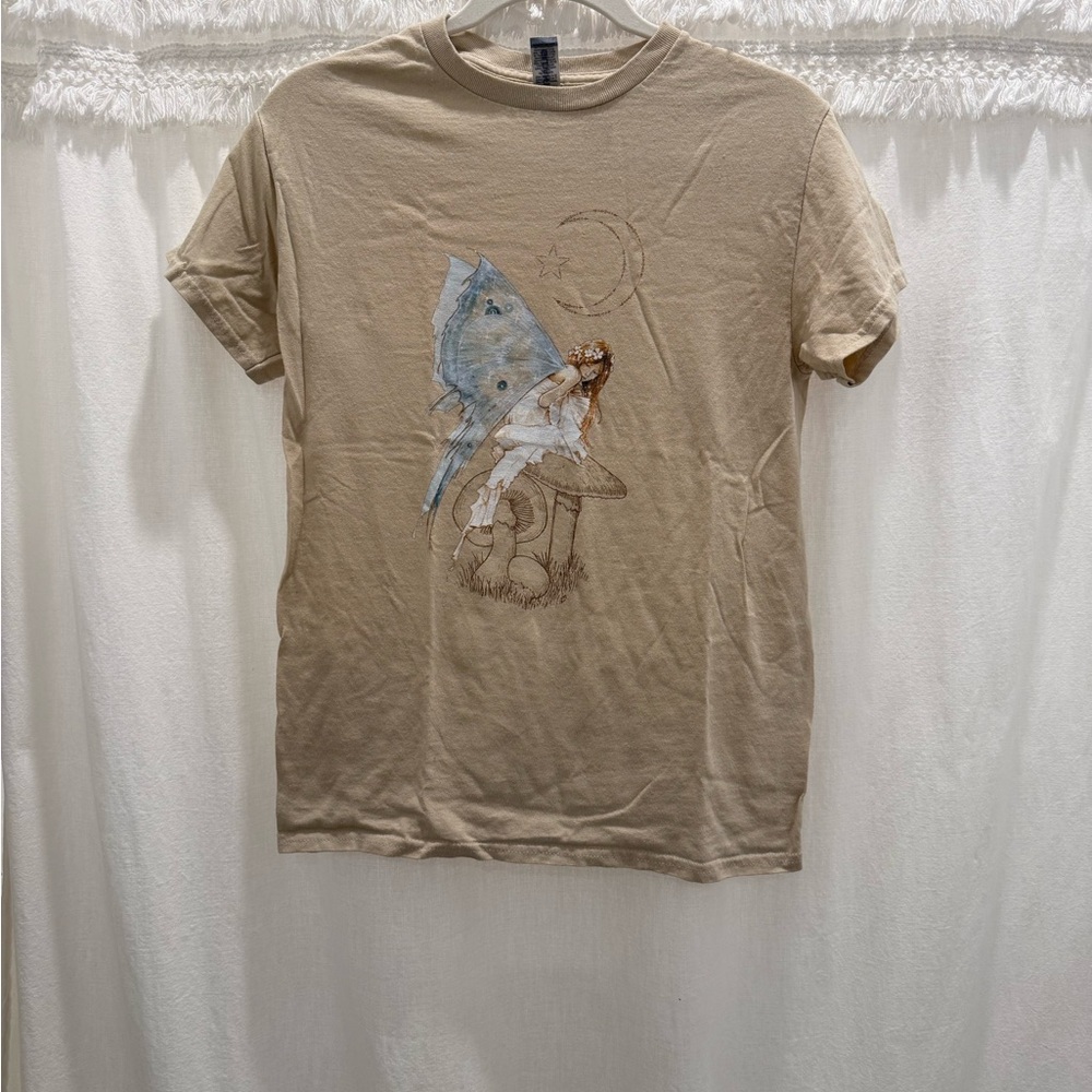 Tan Graphic T-Shirt with Whimsical Fairy